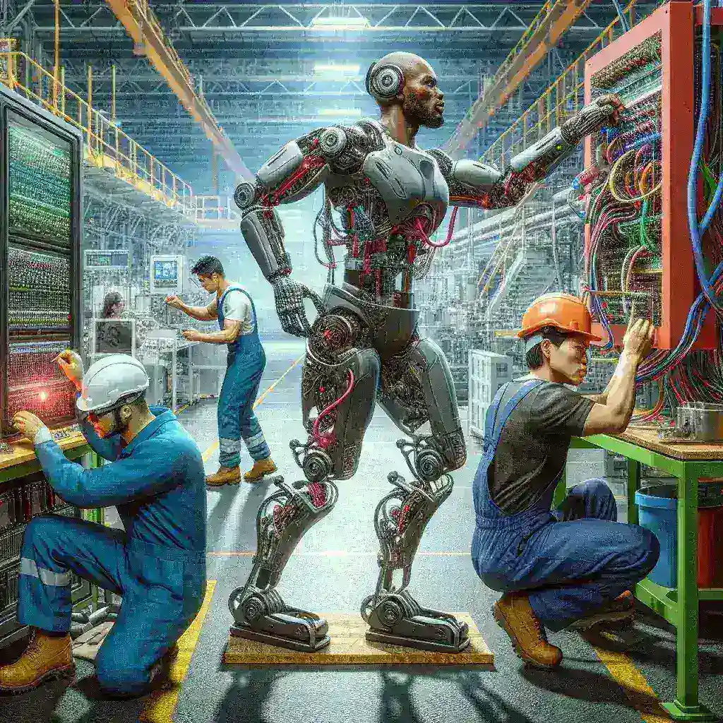 "Industrial exoskeleton worn by factory worker to enhance lifting capabilities and reduce injuries in manufacturing environments, showcasing a revolutionary approach to workplace safety"